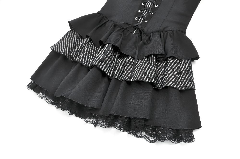 Black Punk Striped Mini Dress with Lace-Up Bodice featuring layered ruffles and lace trim.