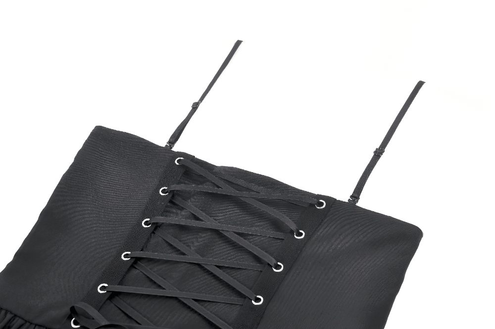 Black Punk Striped Mini Dress with Lace-Up Bodice showing the detailed lace-up corset and shoulder straps.