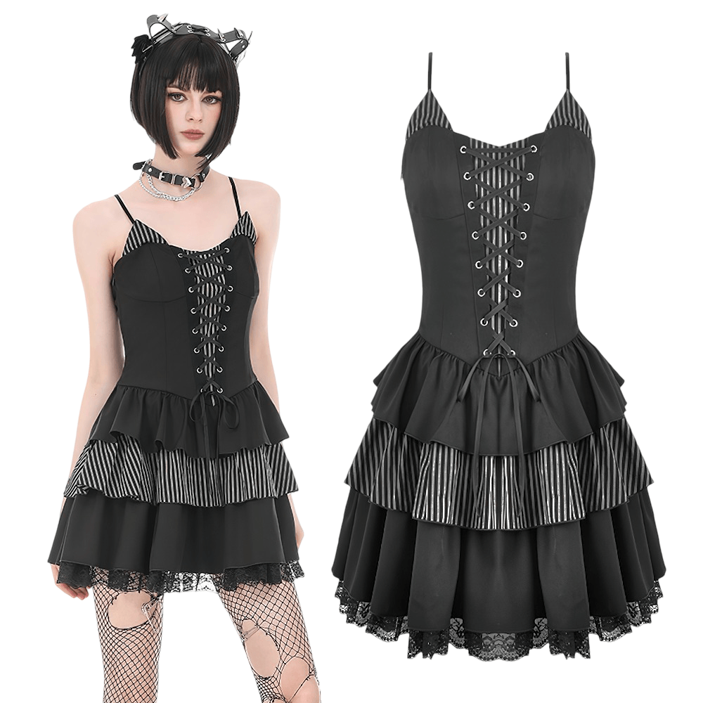 Black Punk Striped Mini Dress with Lace-Up Bodice showcasing a layered ruffle skirt and lace-up corset design.