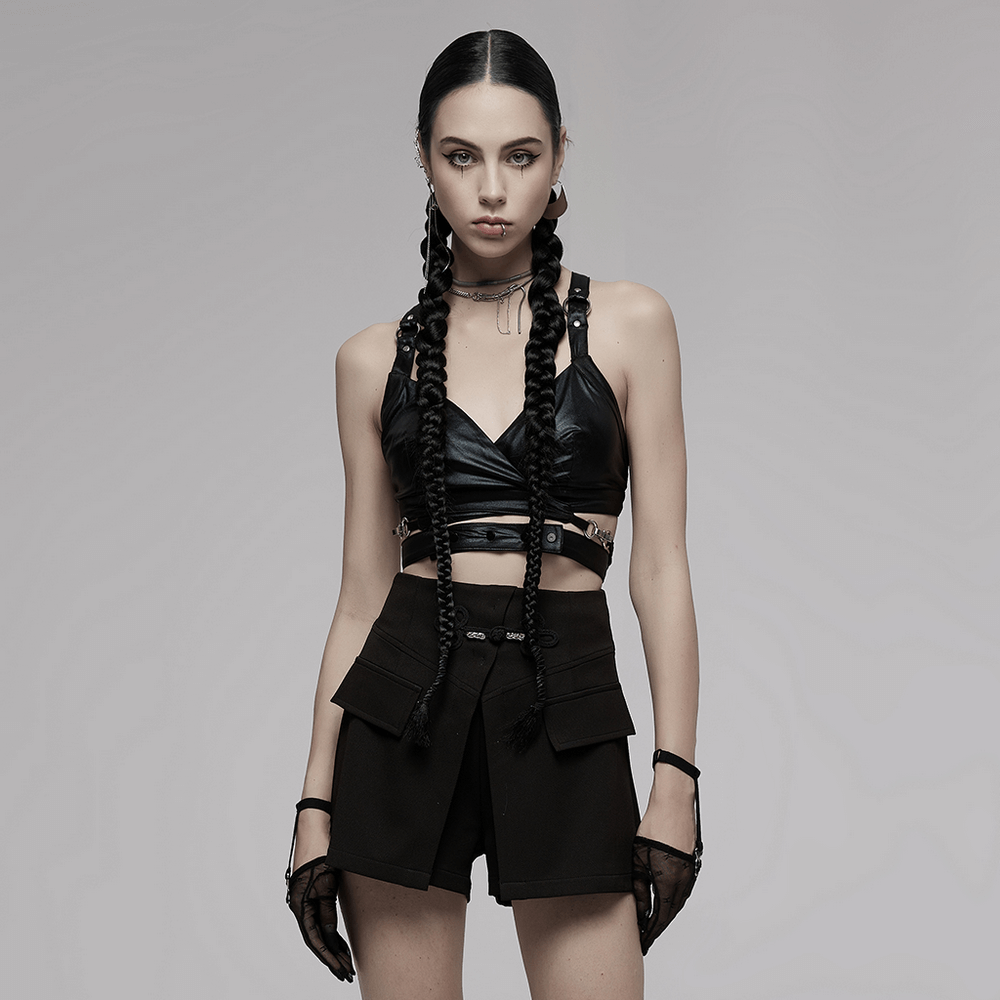 Black Punk Style Crop Top with Criss-Cross Back
