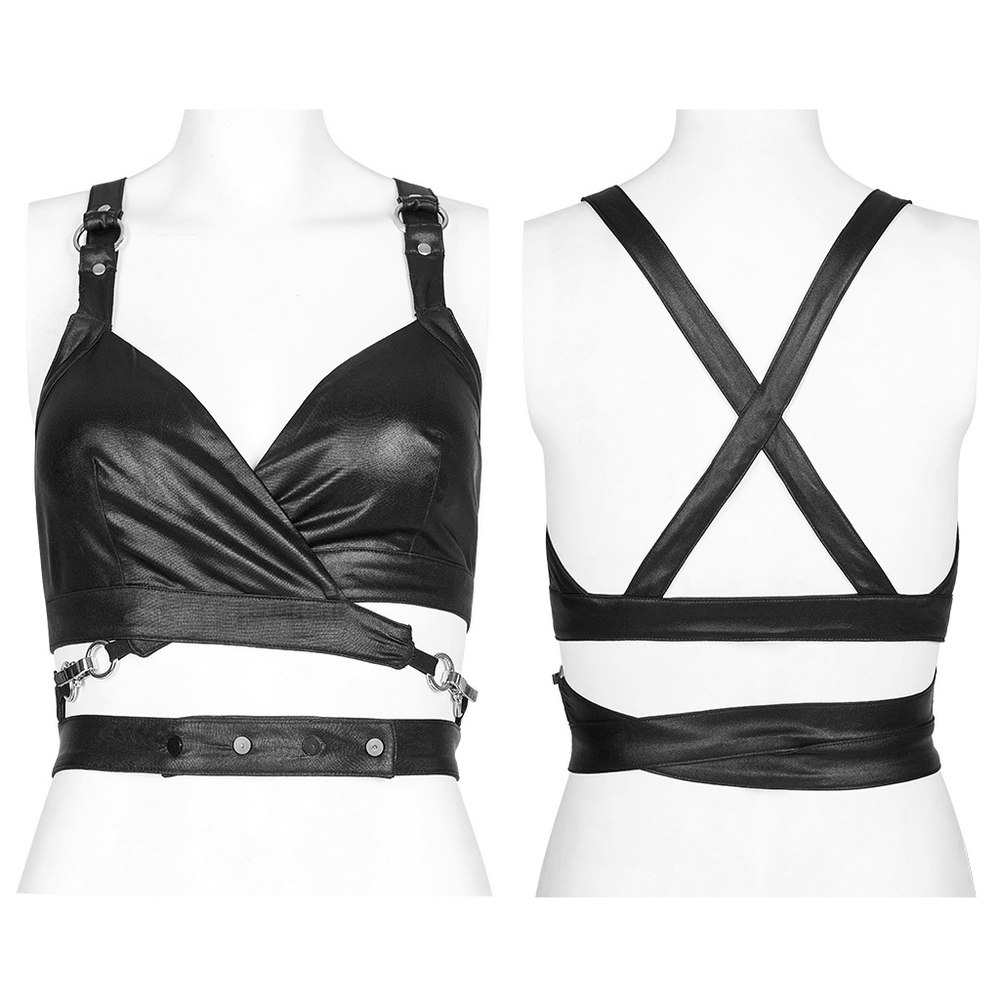 Black punk crop top with criss-cross back and metal accents, perfect for an edgy rockstar look.