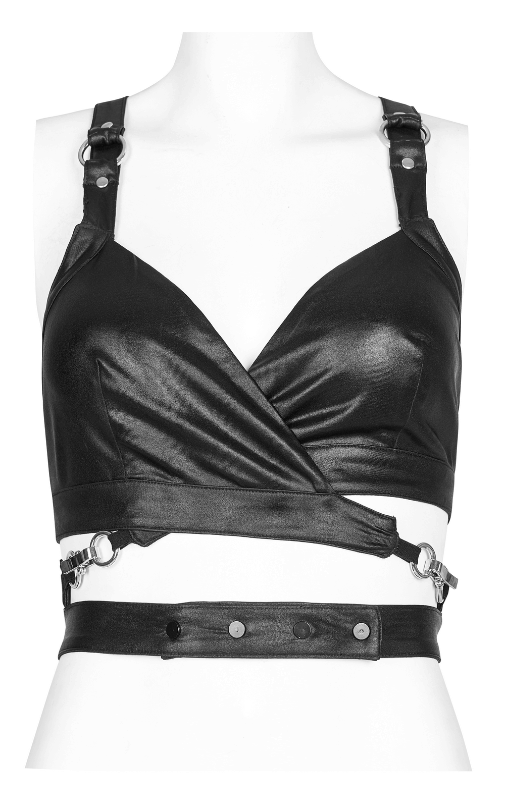 Black punk crop top with criss-cross back and metal accents, featuring adjustable waist straps for a fitted look.