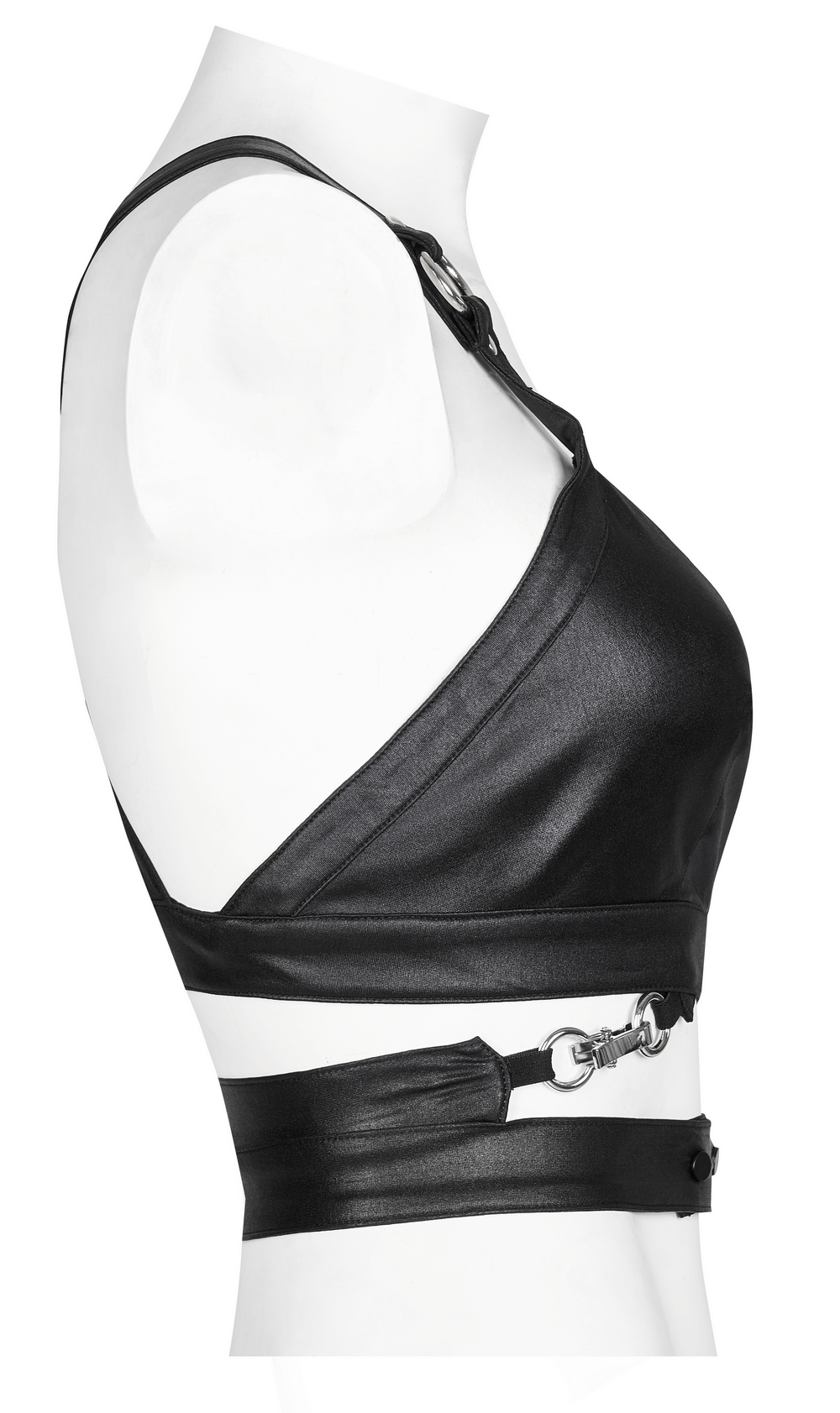 Black punk crop top with crisscross back and metal ring accents, perfect for edgy rockstar style.