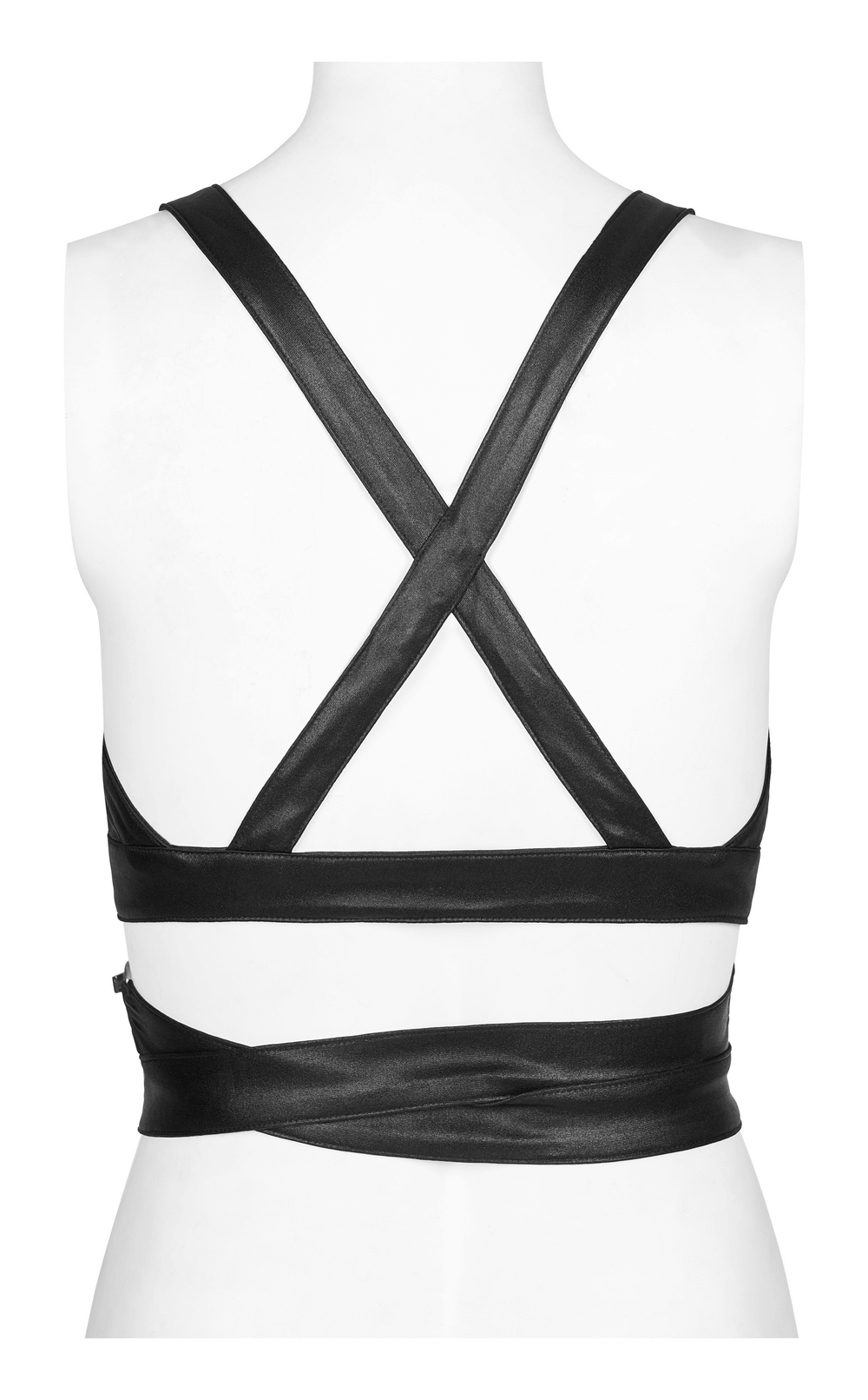 Back view of black punk crop top with criss-cross straps and sleek design, showcasing adjustable waist straps.