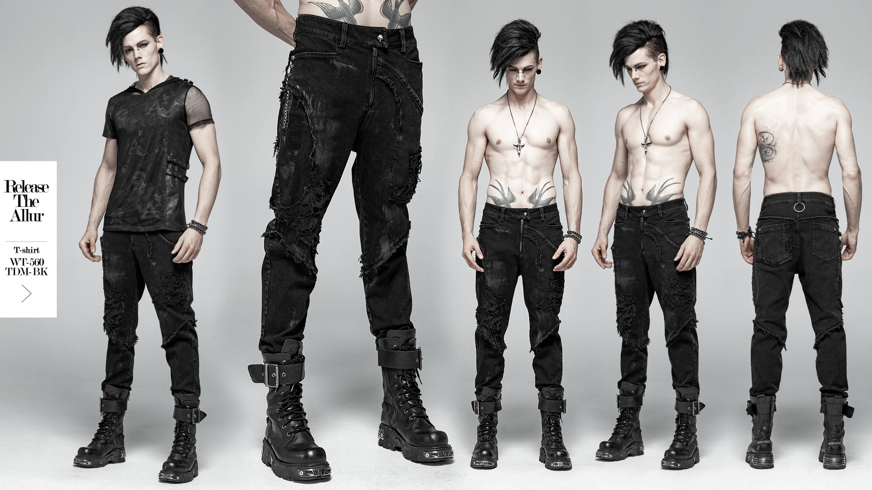 Stylish model showcasing black punk-style ripped jeans with fishnet layers and edgy accessories, perfect for urban fashion.