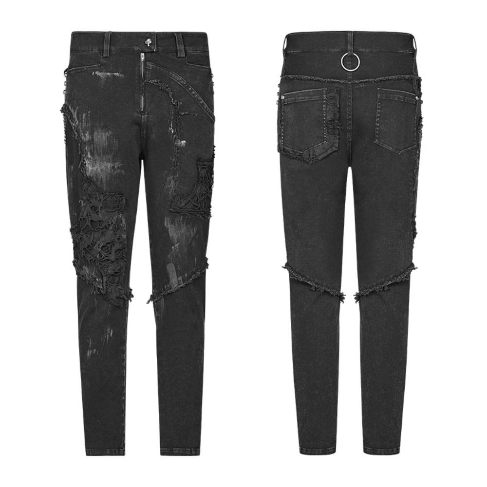 Punk-style black ripped jeans with fishnet layers and distressed details for a trendy urban look.