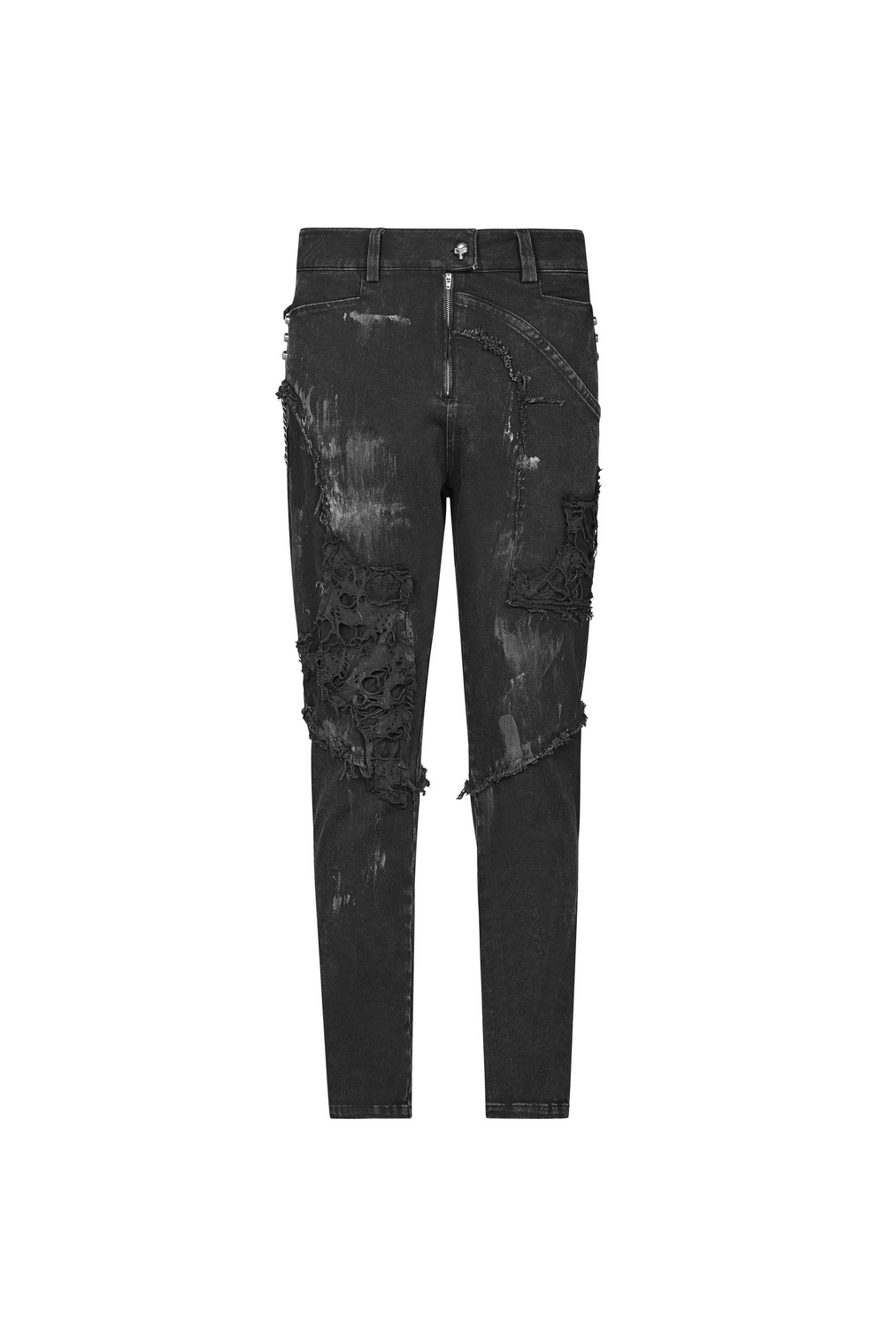 Black punk-style ripped jeans with distressed detailing and raw edges for an edgy streetwear vibe.