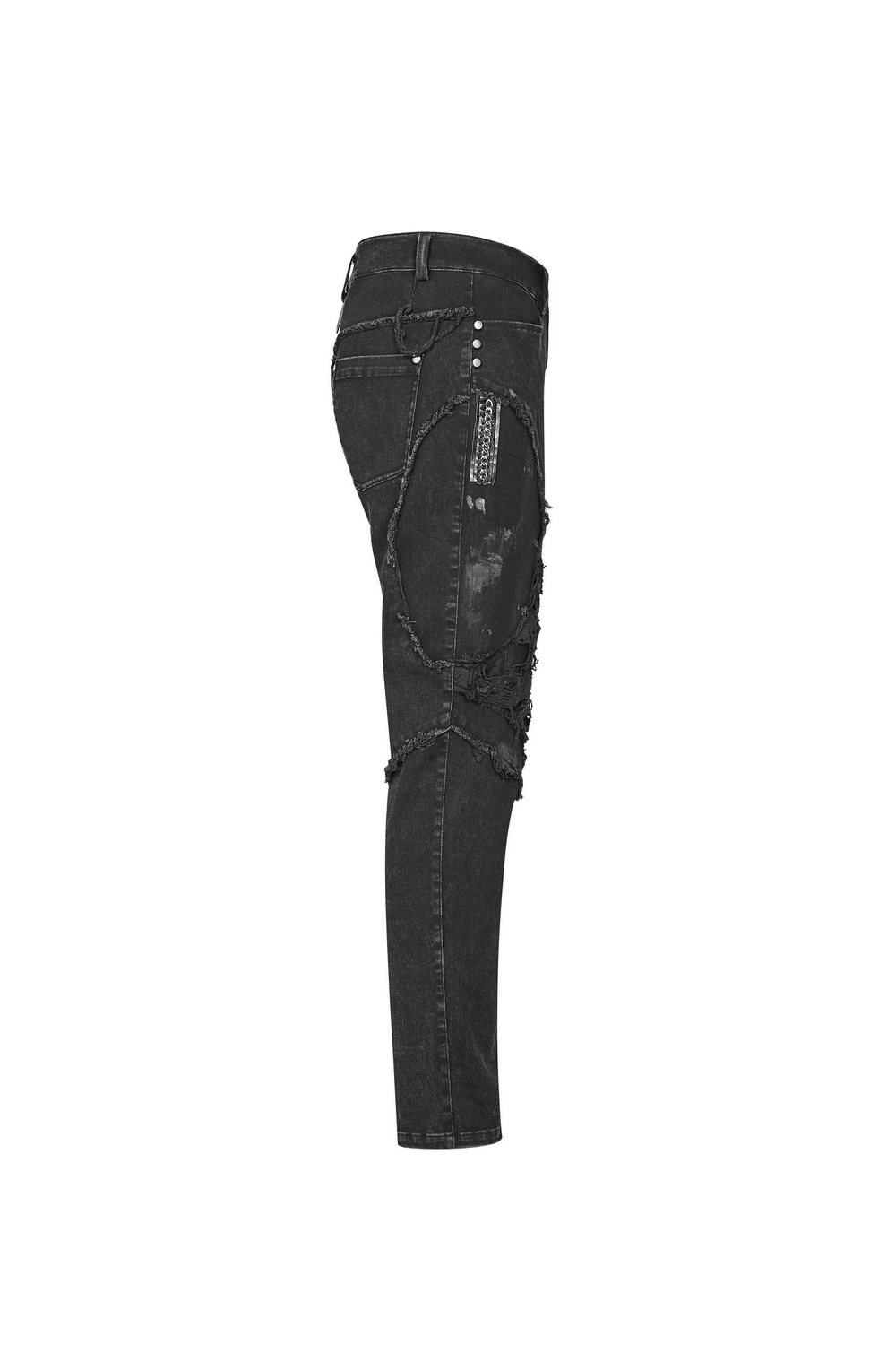 Side view of black punk-style ripped jeans with fishnet layers and unique raw edges.