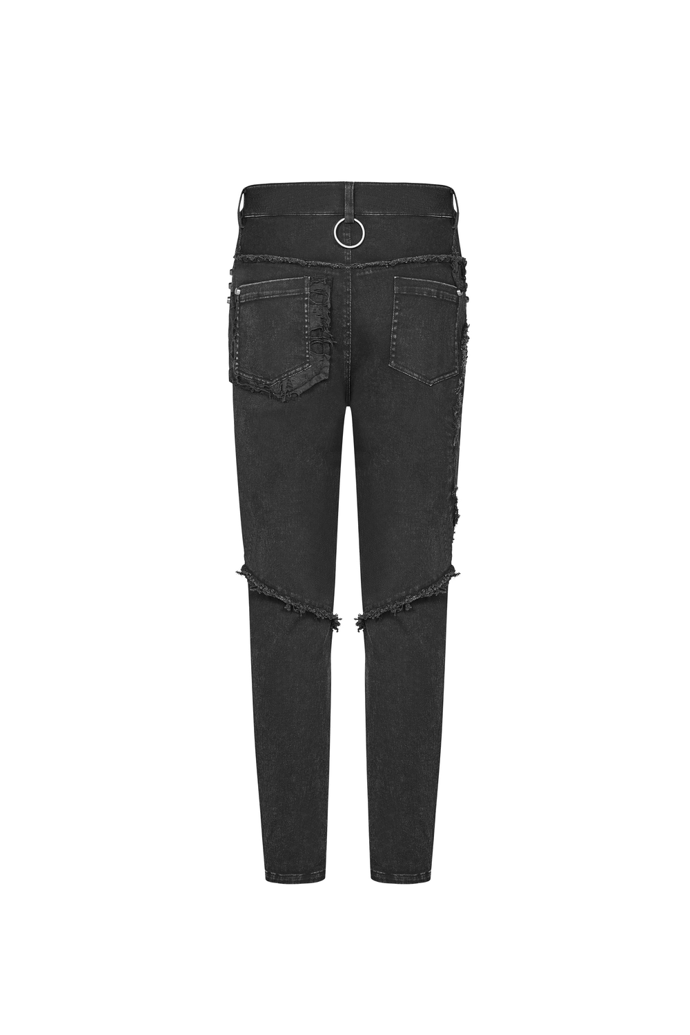 Back view of black punk-style ripped jeans with fishnet layers and distressed details.