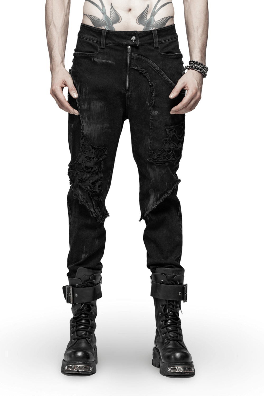 Black Punk-Style Ripped Jeans with Fishnet Layers