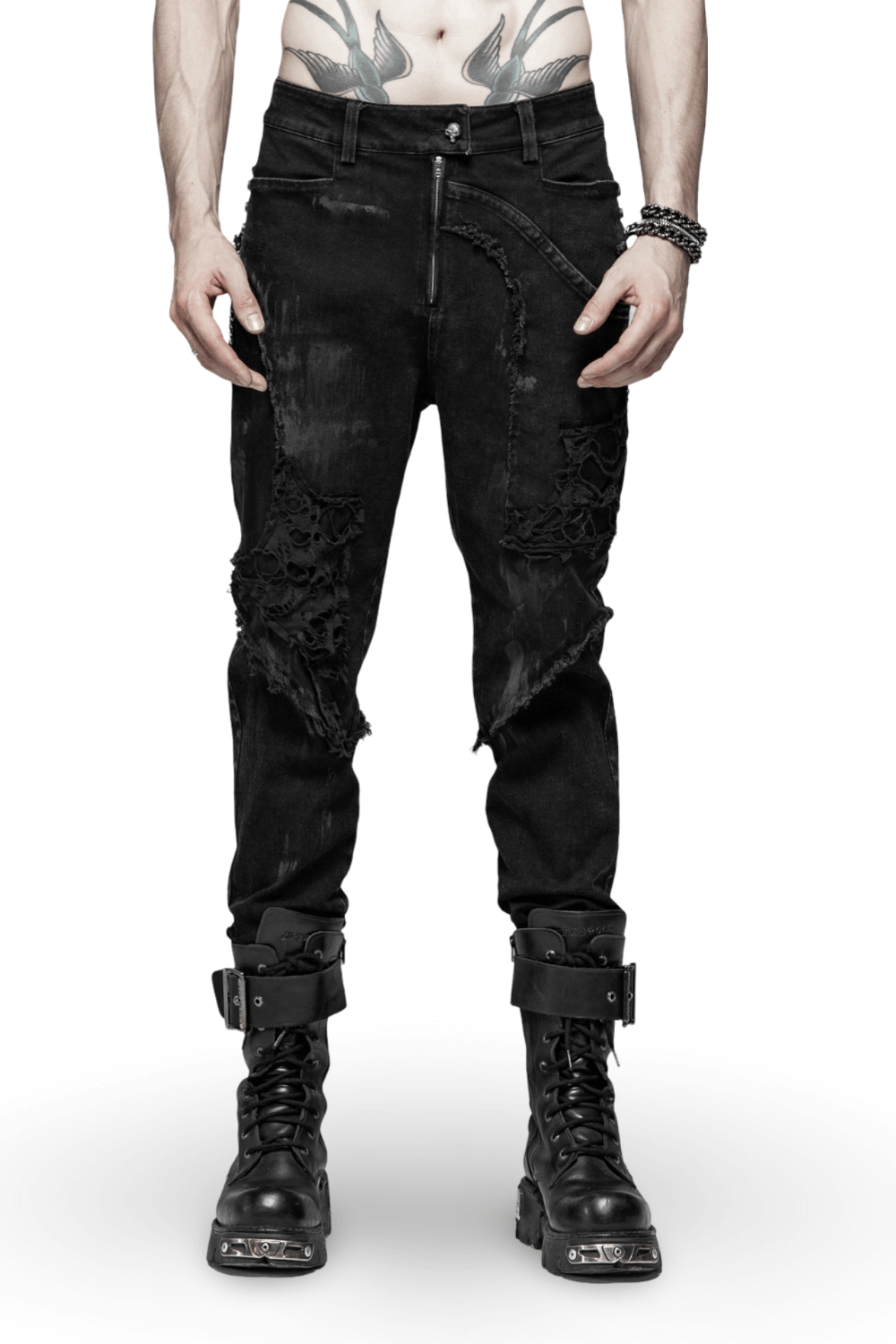 Stylish black punk ripped jeans with fishnet underlay, showcased by a model in edgy combat boots.
