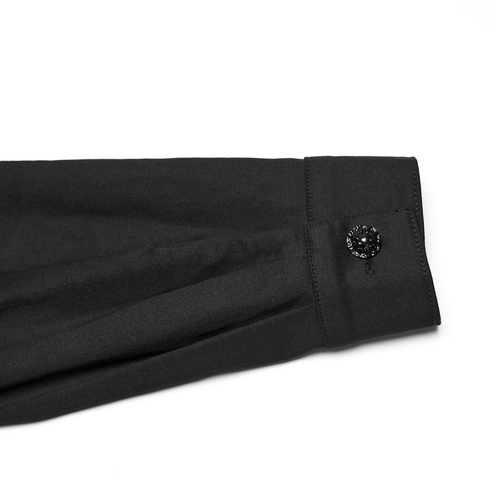 Black Punk Twill Shirt with Leather Panels and Stud Details sleeve detail with button and sleek black fabric.