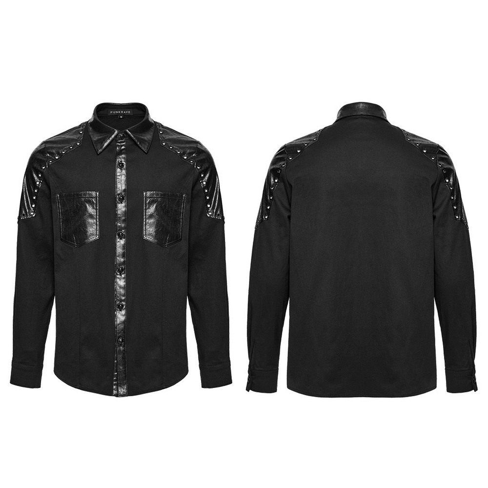 Black Punk Twill Shirt with Leather Panels and Stud Details front and back view showcasing armor shoulders and eyelets.
