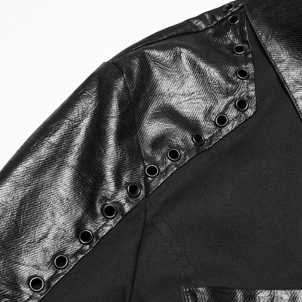 Black Punk Twill Shirt with Leather Panels and Stud Details featuring eyelets and armor shoulder design.