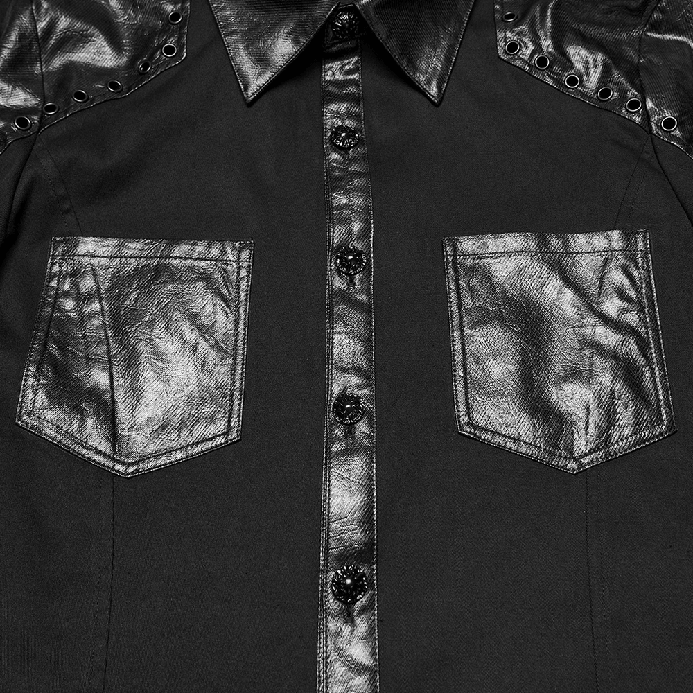 Black Punk Twill Shirt with Leather Panels and Stud Details featuring armor shoulders and eyelets.