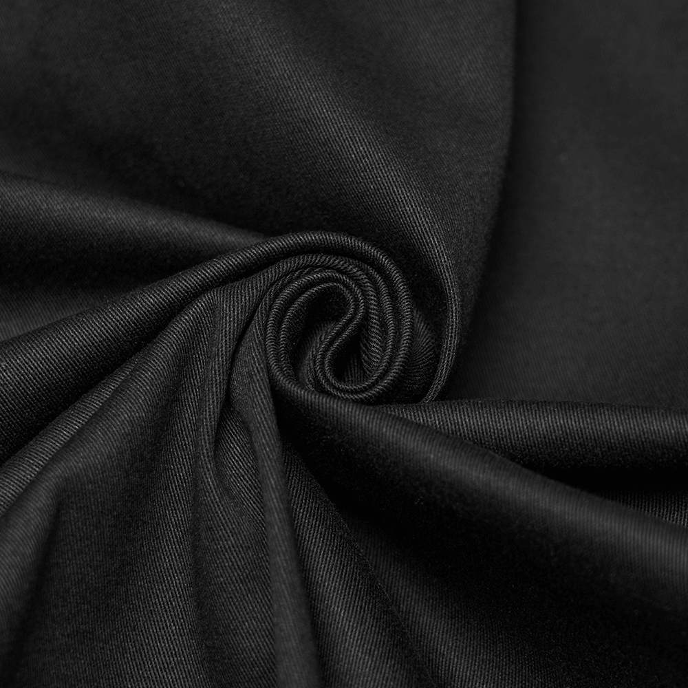 Black Punk Twill Shirt with Leather Panels and Stud Details fabric close-up showcasing its soft texture.