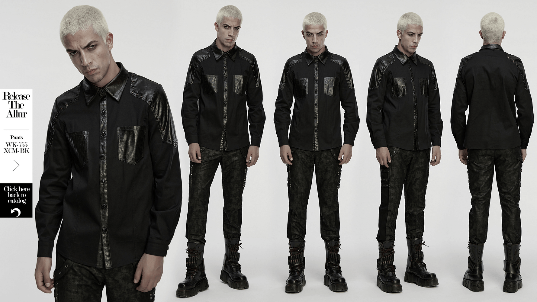 Black Punk Twill Shirt with Leather Panels and Stud Details worn by a model from multiple angles.