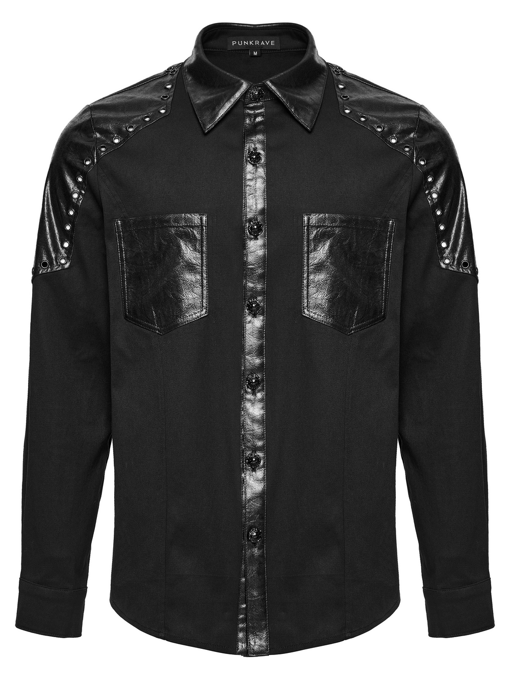 Black Punk Twill Shirt with Leather Panels and Stud Details showcasing edgy design and armored shoulders.