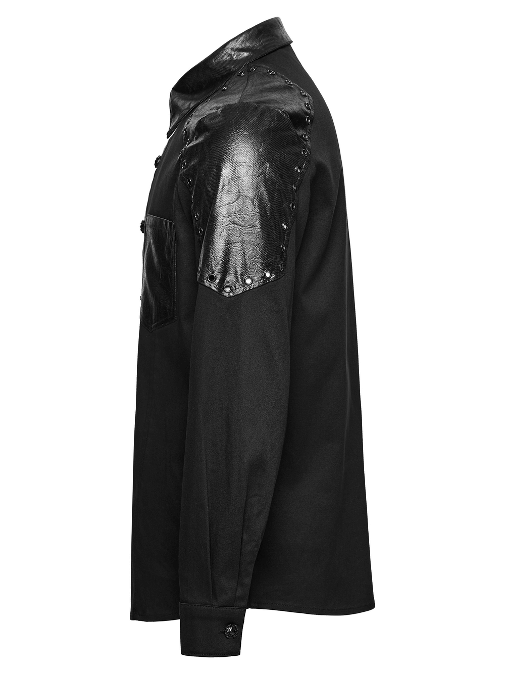 Black Punk Twill Shirt with Leather Panels and Stud Details from the side showcasing armor shoulder design.