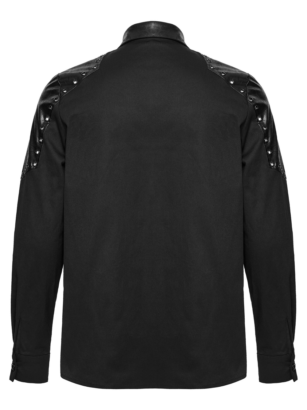Back view of Black Punk Twill Shirt with Leather Panels and Stud Details showcasing armor shoulders and eyelets.