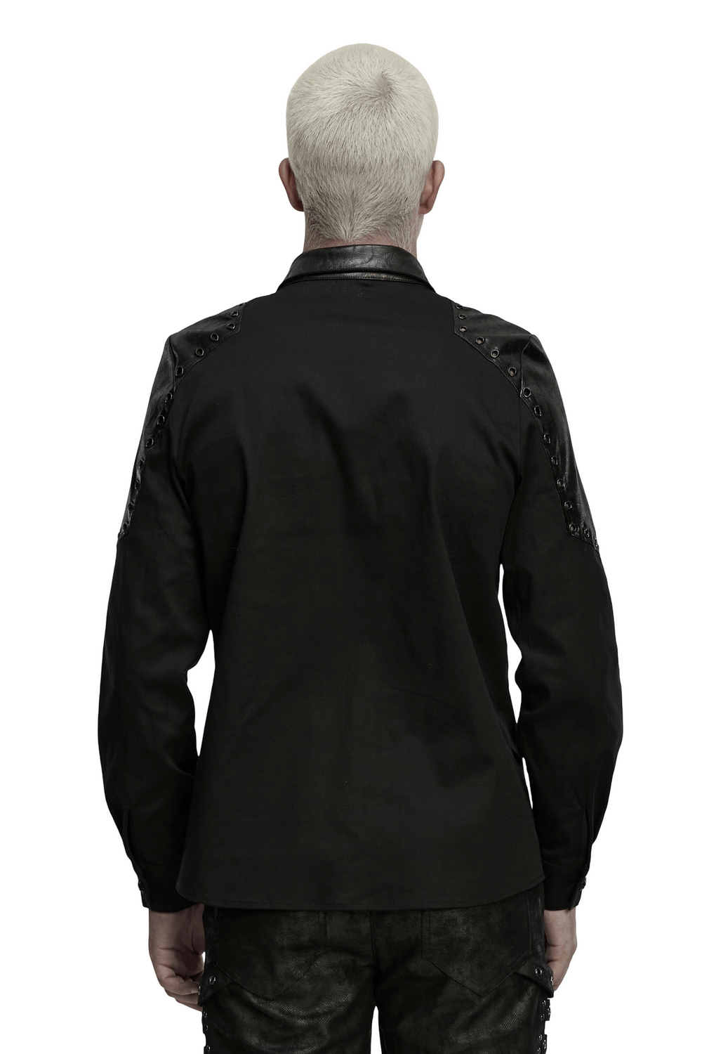 Black Punk Twill Shirt with Leather Panels and Stud Details, back view showcasing sleek design and armor shoulder details.