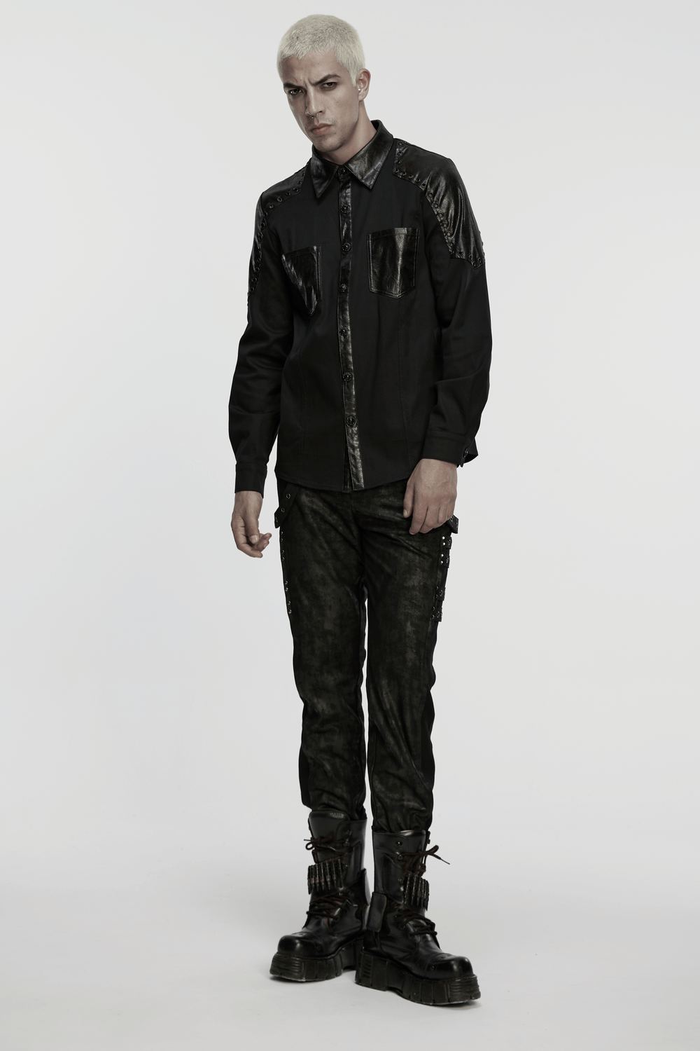 Black Punk Twill Shirt with Leather Panels and Stud Details worn by a model showcasing a bold alternative fashion look.