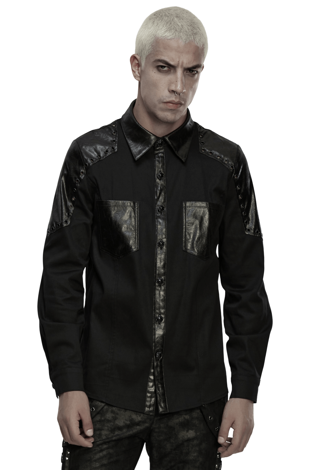 Black Punk Twill Shirt with Leather Panels and Stud Details worn by a model with a striking look.