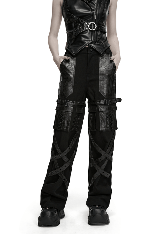 Black Punk Wide-Leg Cargo Pants with Harness Straps