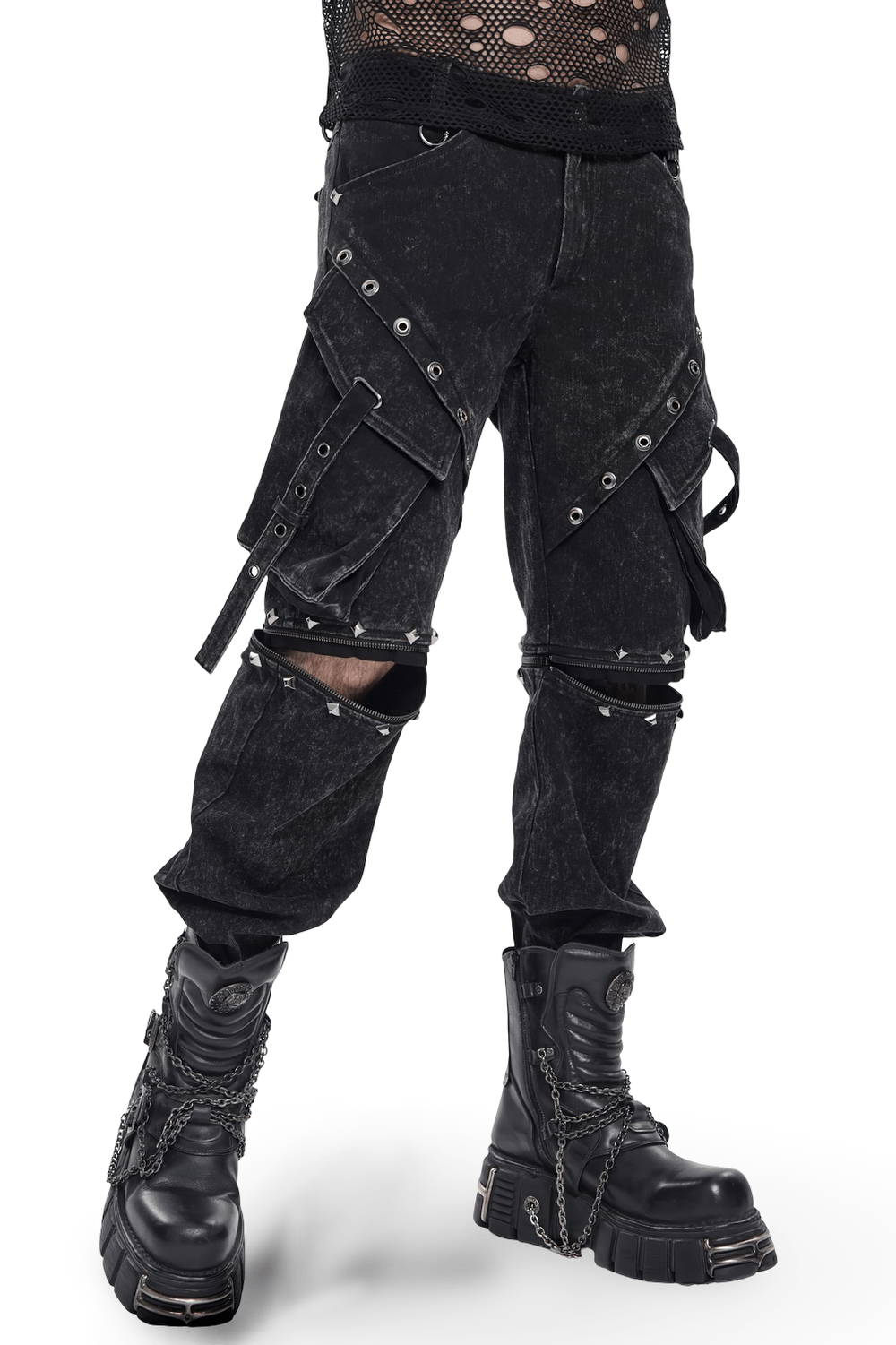 Black Punk Zip-Off Pants with Studded Grommets