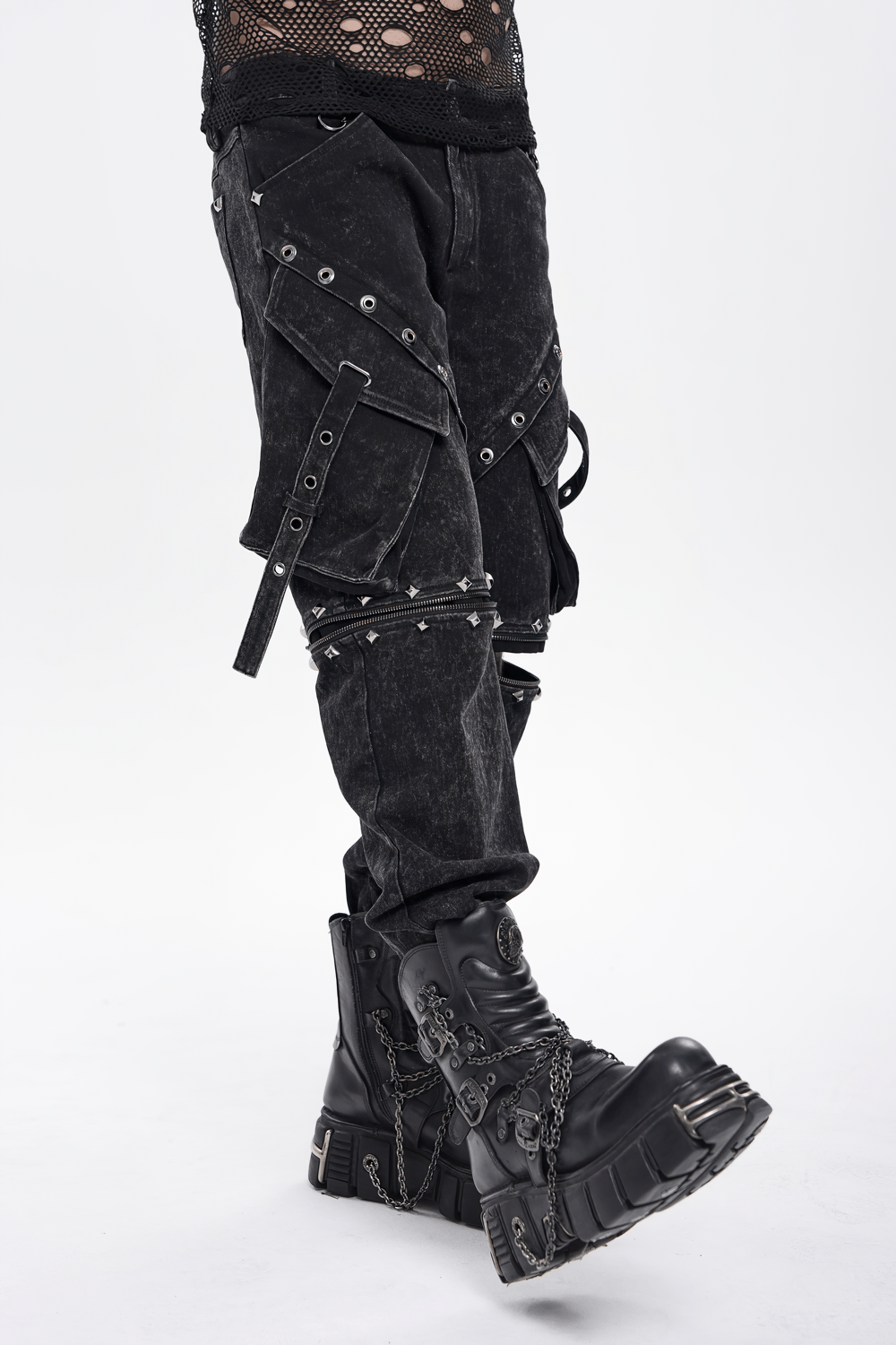 Black Punk Zip-Off Pants with Studded Grommets