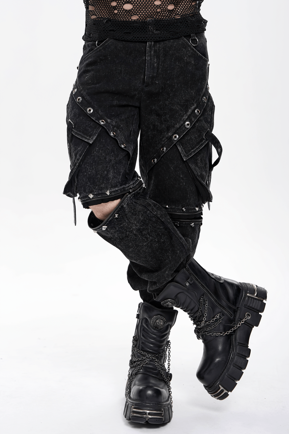 Black Punk Zip-Off Pants with Studded Grommets