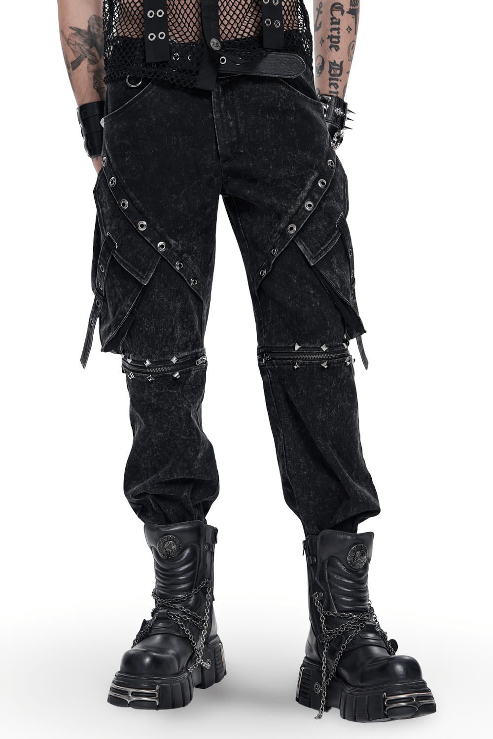 Black Punk Zip-Off Pants with Studded Grommets