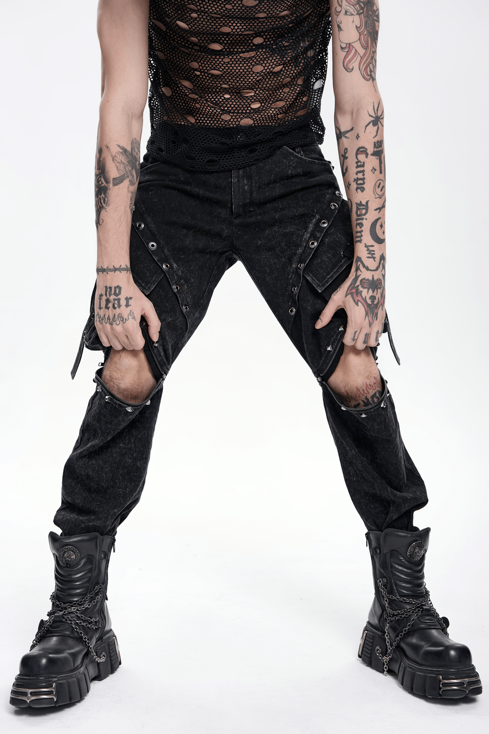 Black Punk Zip-Off Pants with Studded Grommets