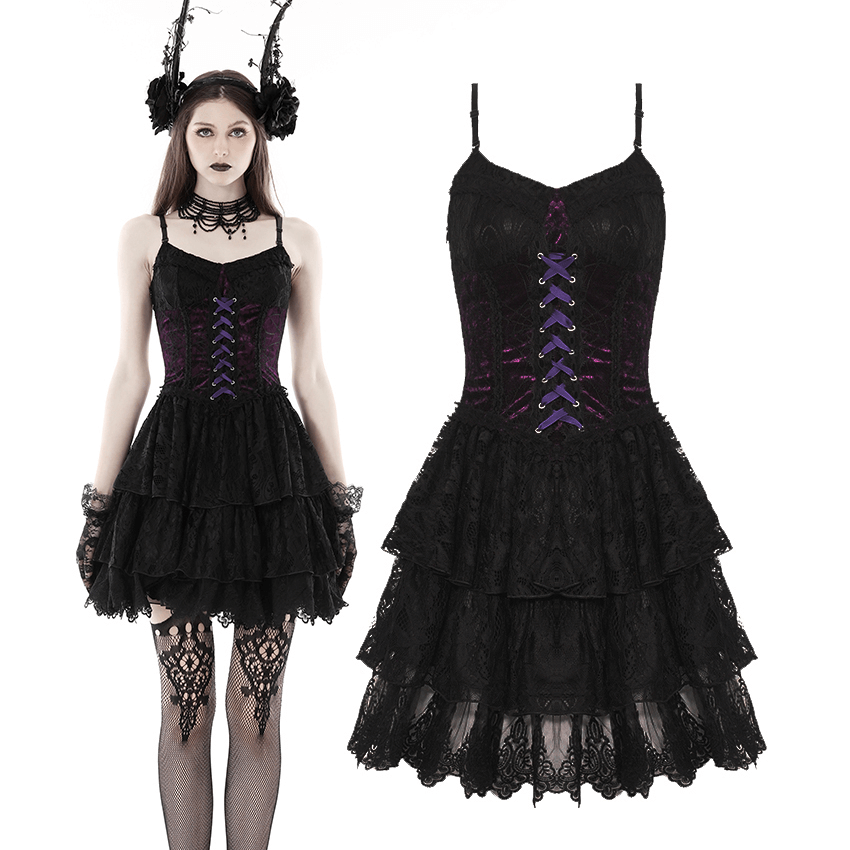 Black and purple gothic mini dress featuring lace-up bodice and layered skirt, perfect for dark lolita fashion.