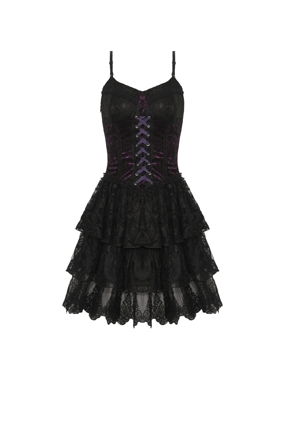Black and purple lace-up gothic mini dress showcasing velvet and lace, perfect for dark Lolita fashion.