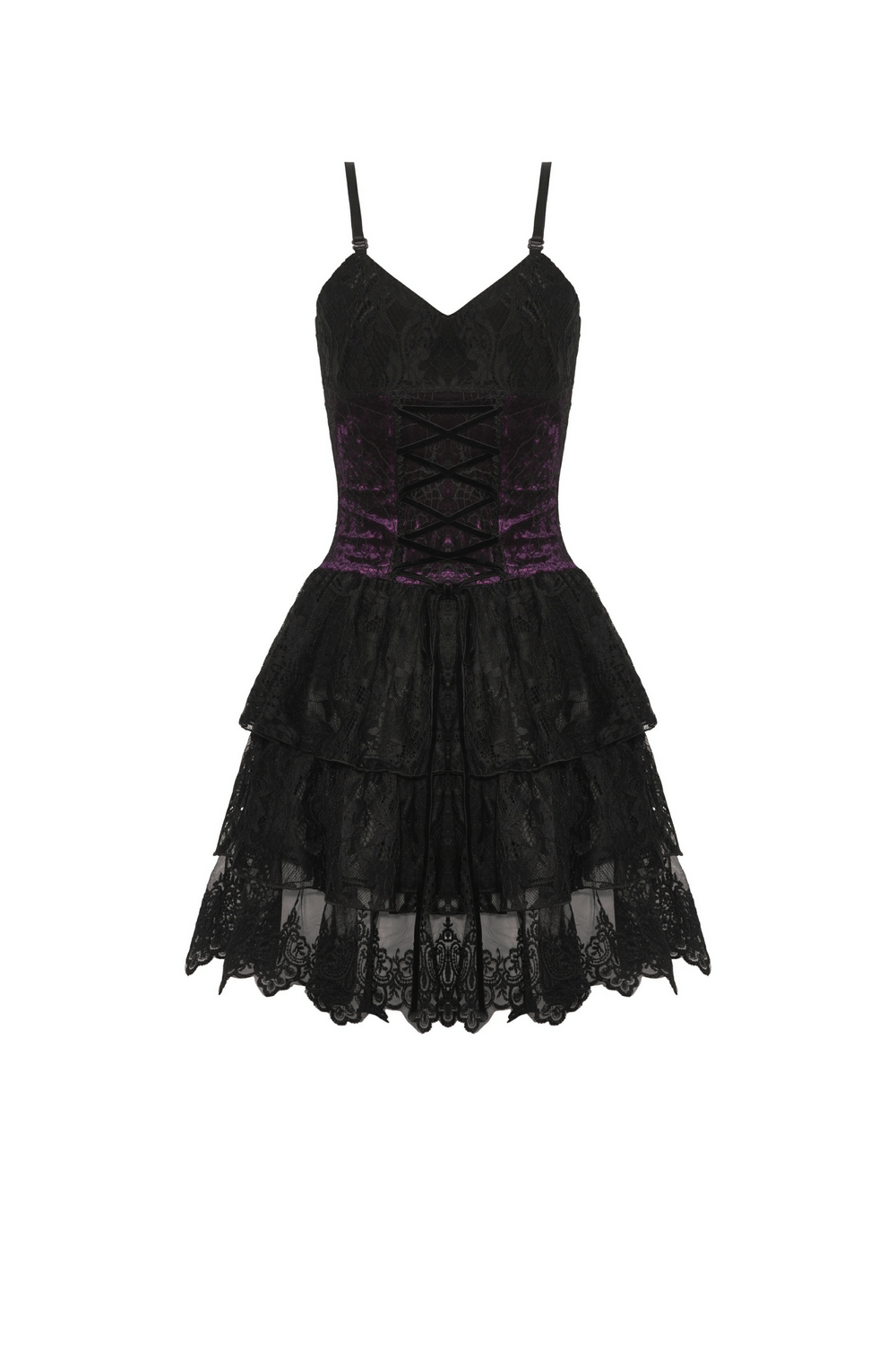 Black and purple lace-up gothic mini dress featuring velvet corset bodice and layered lace skirt, perfect for dark fairy vibes.