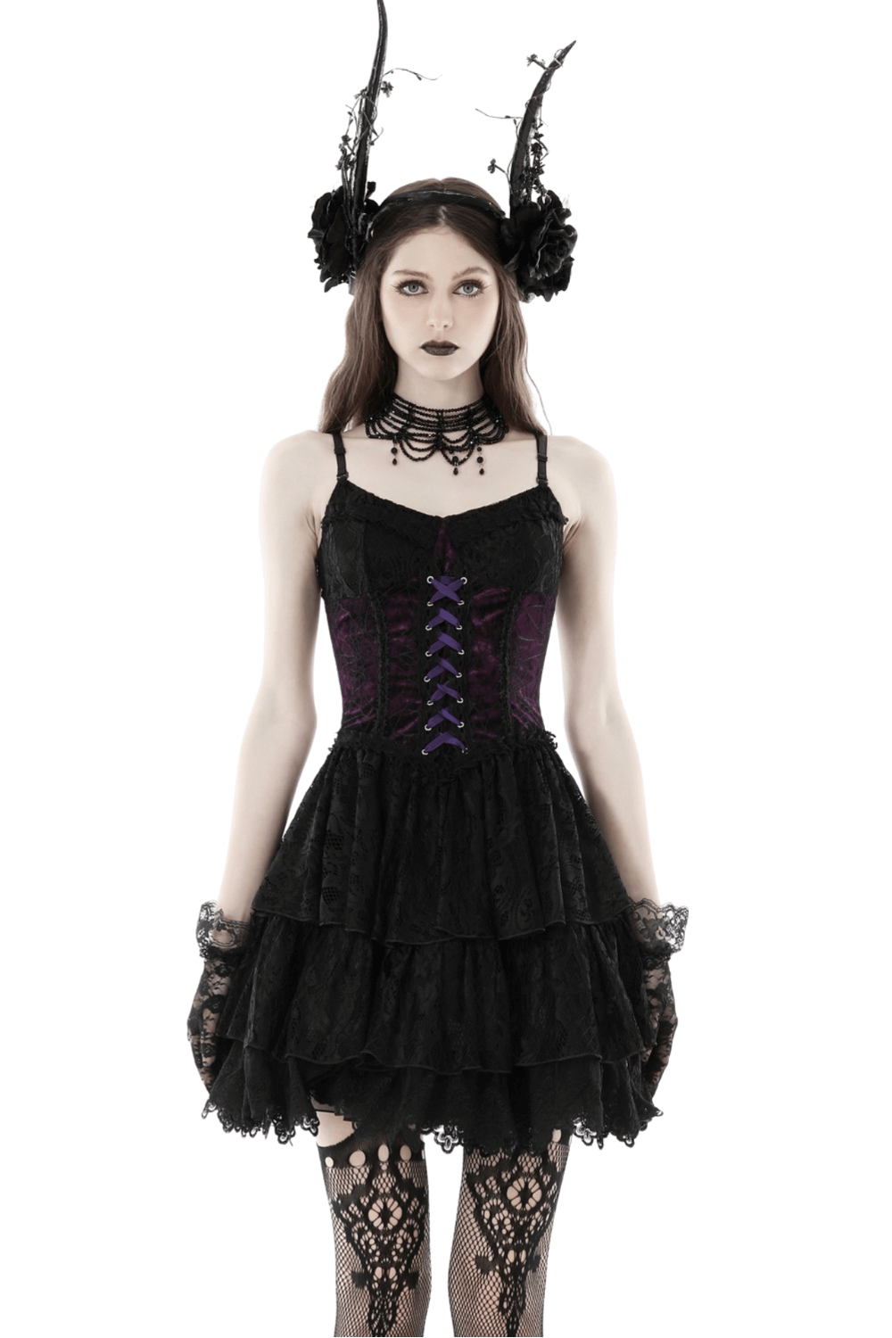 Black and purple lace-up gothic mini dress with velvet and lace detailing, perfect for dark lolita fashion.
