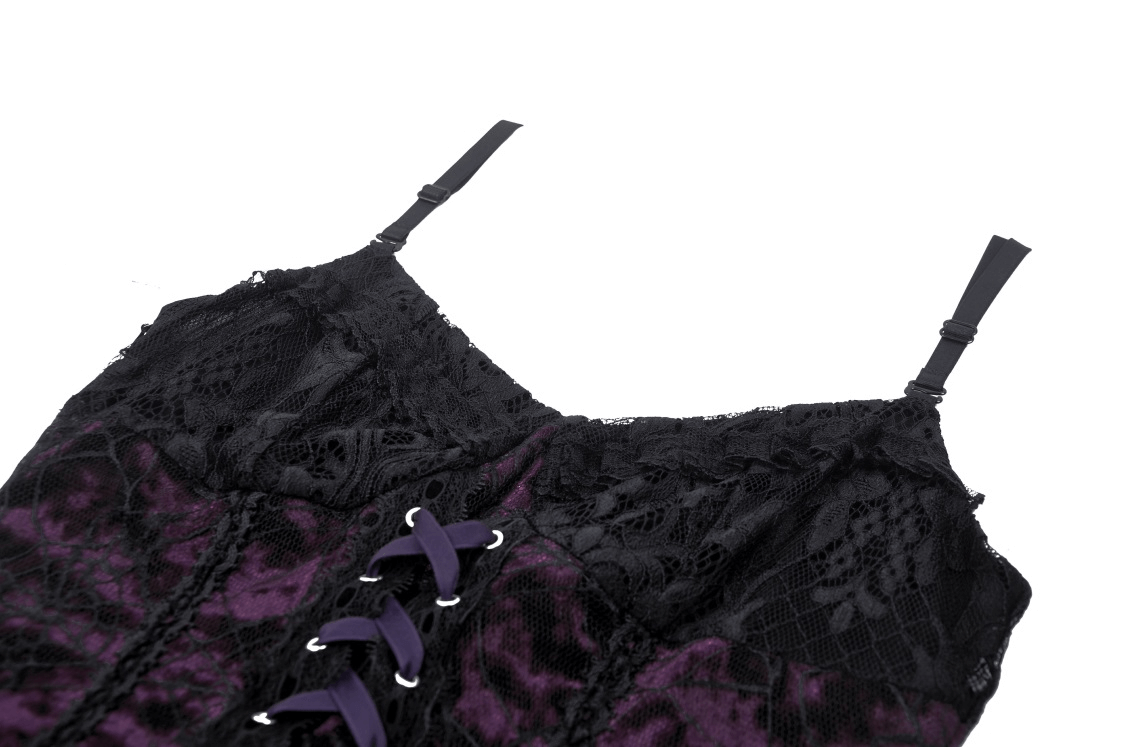 Black and purple velvet lace-up corset dress showcasing intricate lace details and adjustable straps.