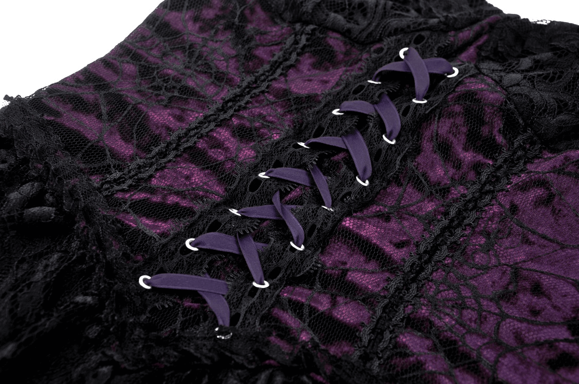 Close-up of black and purple lace corset detailing for gothic mini dress, showcasing intricate lace-up design.