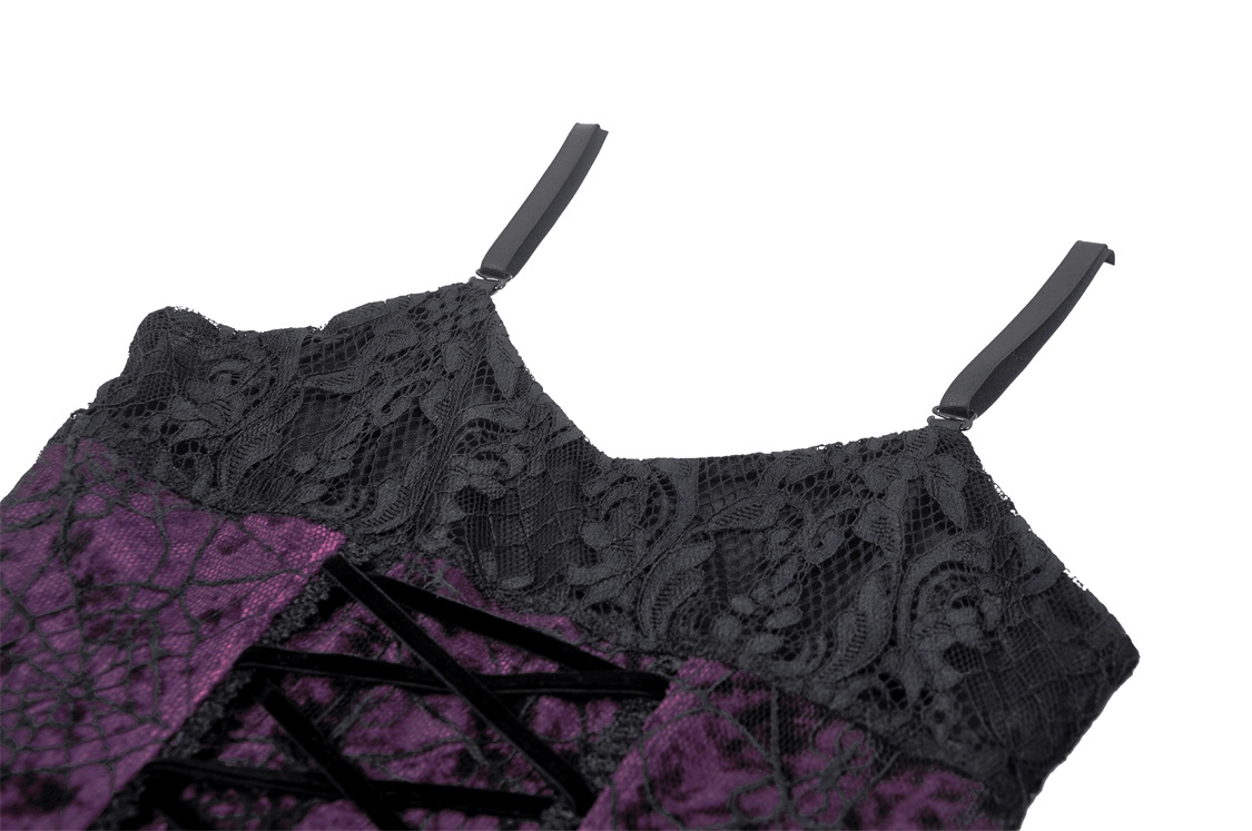 Close-up of black and purple lace-up mini dress featuring delicate lace and corset-style bodice for gothic fashion.
