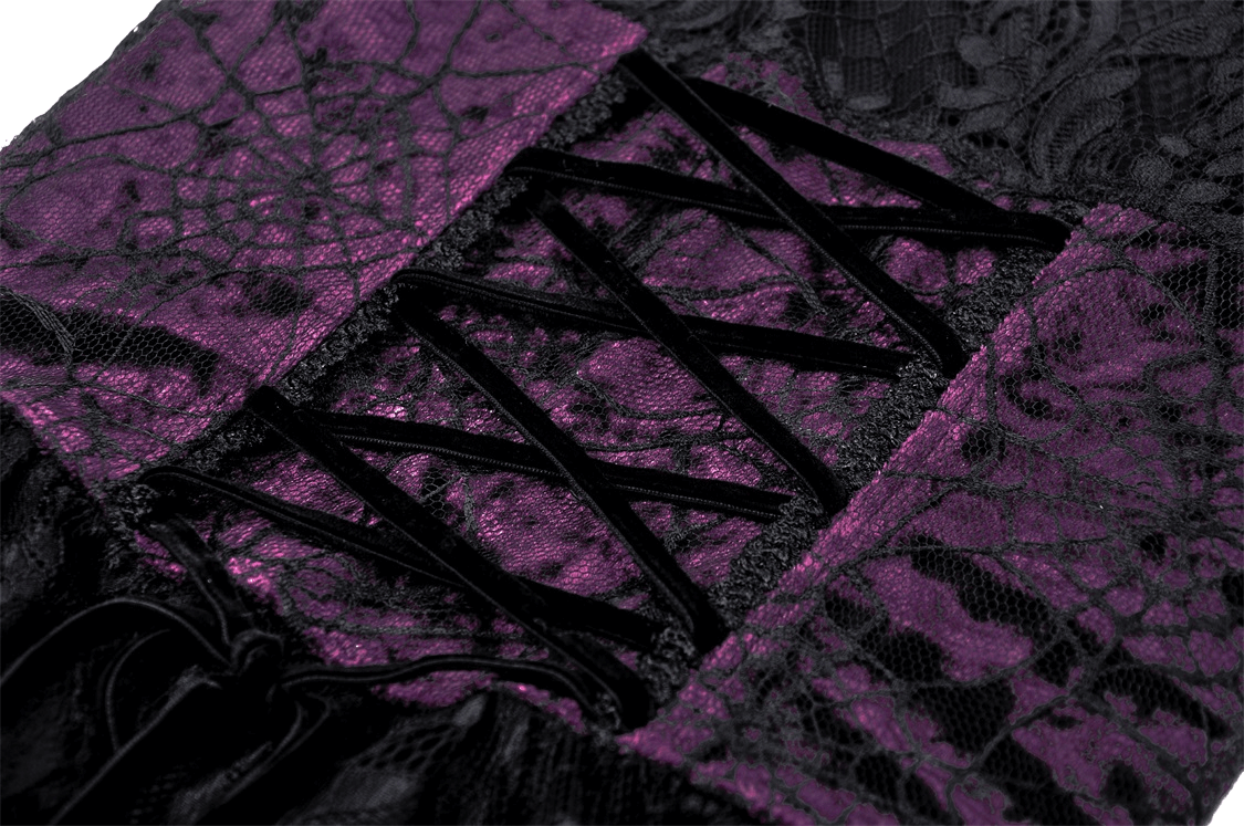 Close-up of black and purple lace corset detailing, showcasing a gothic mini dress with a lace-up front.