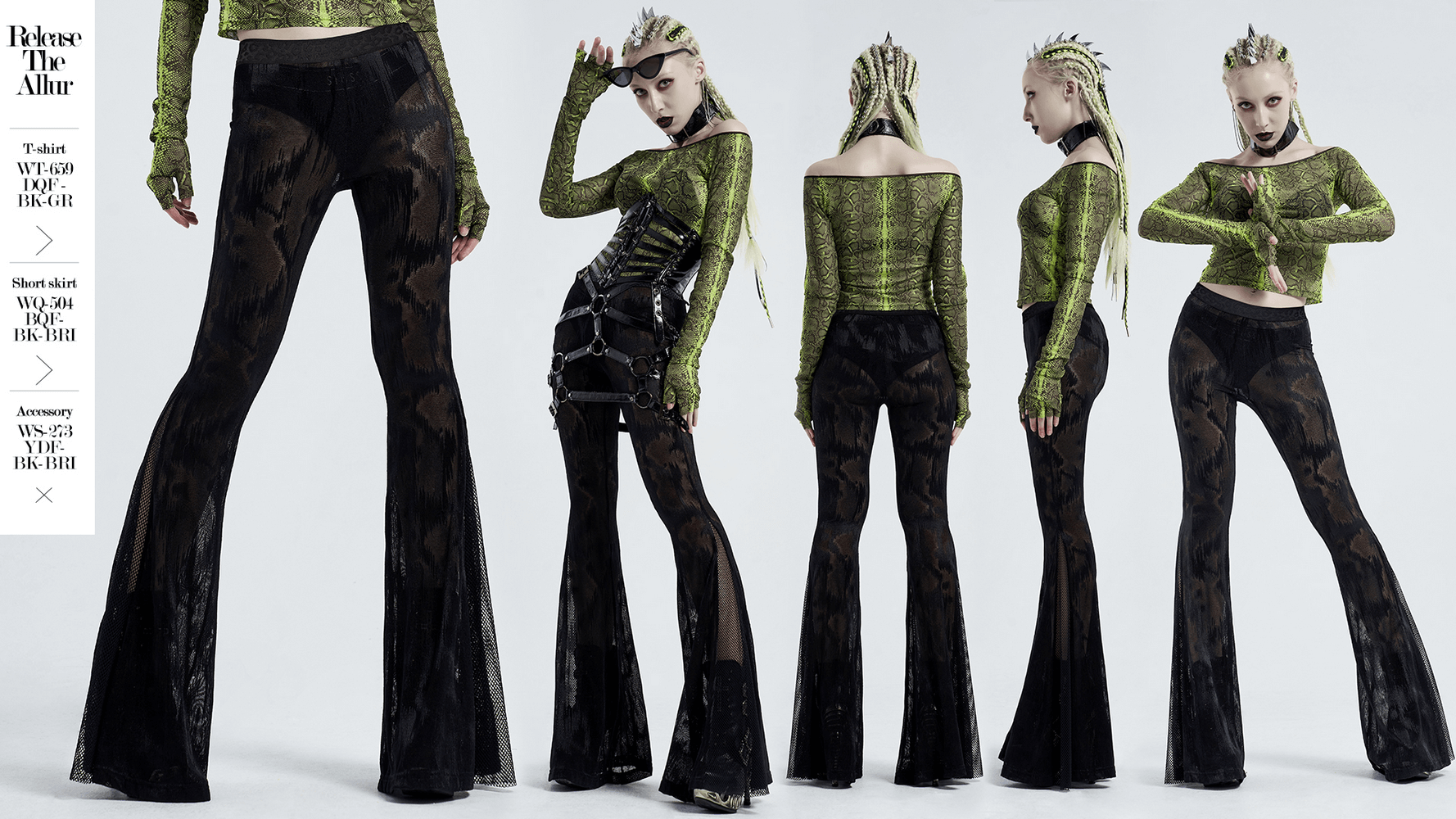 Black Python Print Gothic Mesh Flare Trousers - HARD'N'HEAVY