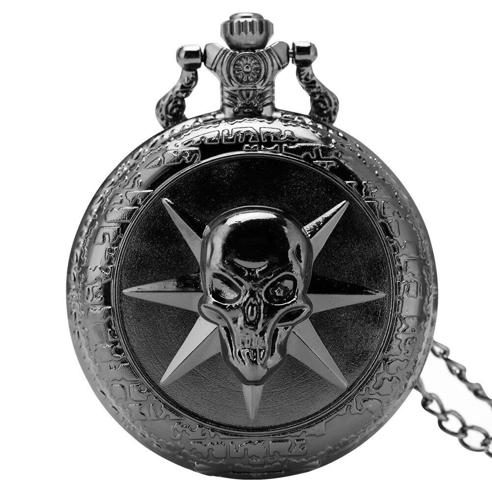 Black quartz pocket chain watch featuring a striking skull design, perfect for gothic style enthusiasts.