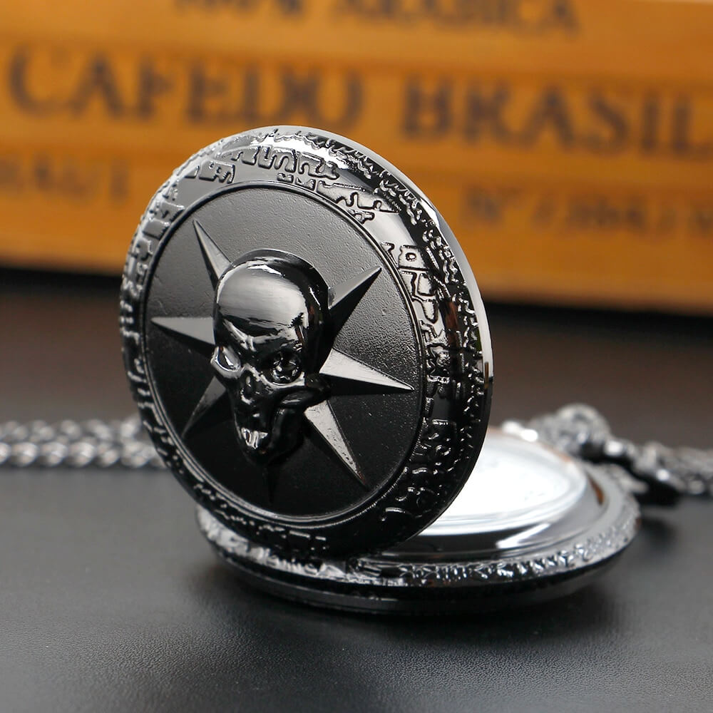 Black quartz pocket chain watch featuring a skull design, perfect for gothic style unisex accessories.
