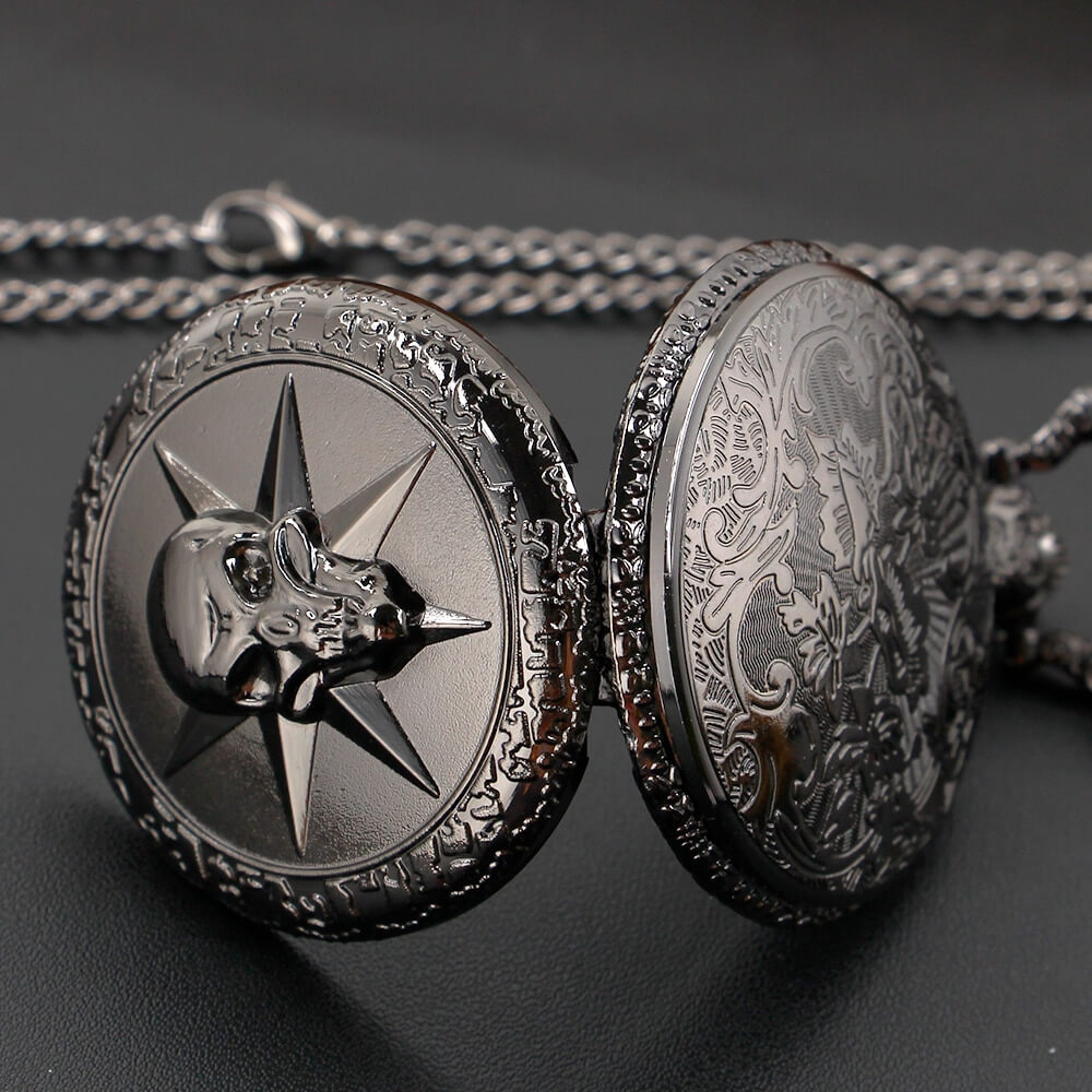 Black Quartz Pocket Chain Watch with Skull / Gothic Style Unisex Accessories - HARD'N'HEAVY