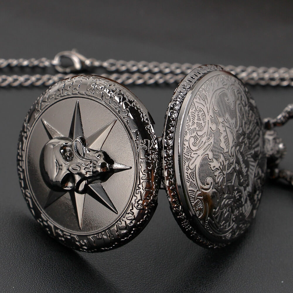 Black quartz pocket chain watch featuring intricate skull design and star pattern, perfect for gothic style enthusiasts.