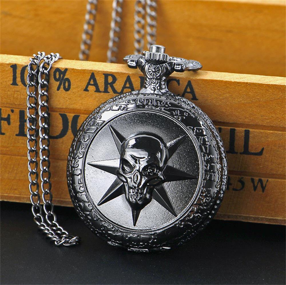 Black quartz pocket chain watch with skull and star design, gothic unisex accessory for edgy style.