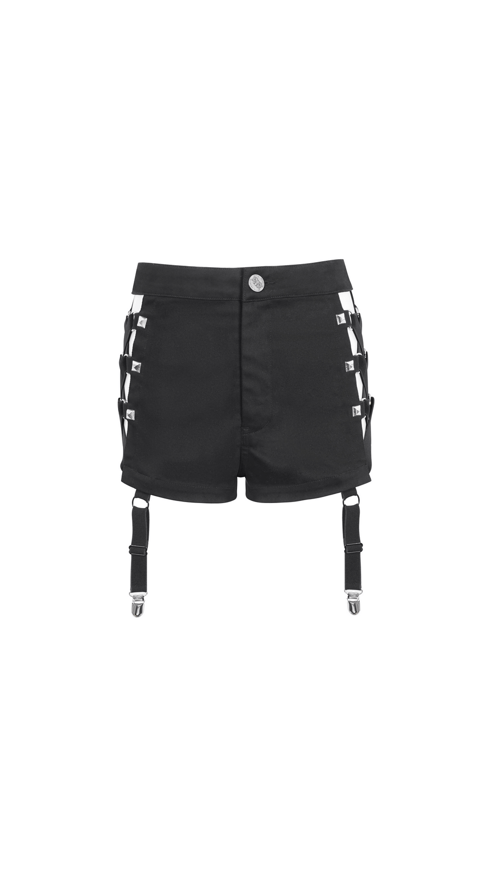 Black Rave Booty Shorts with Mesh Garters and Studded Detail for a chic and edgy look.