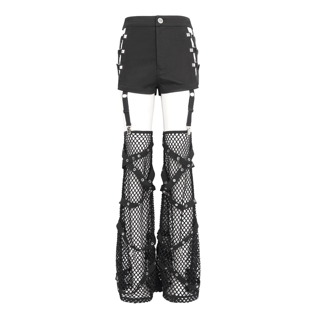 Black mesh garter shorts with studded detail and adjustable straps, perfect for raves and edgy fashion. Channel your inner rockstar!