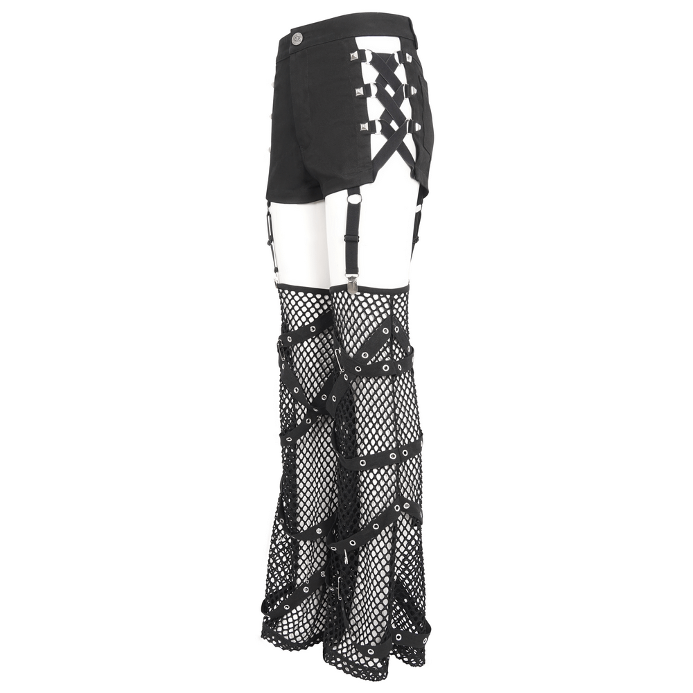 Edgy black rave booty shorts with mesh garters and studded details, showcasing a daring party outfit for ultimate style.
